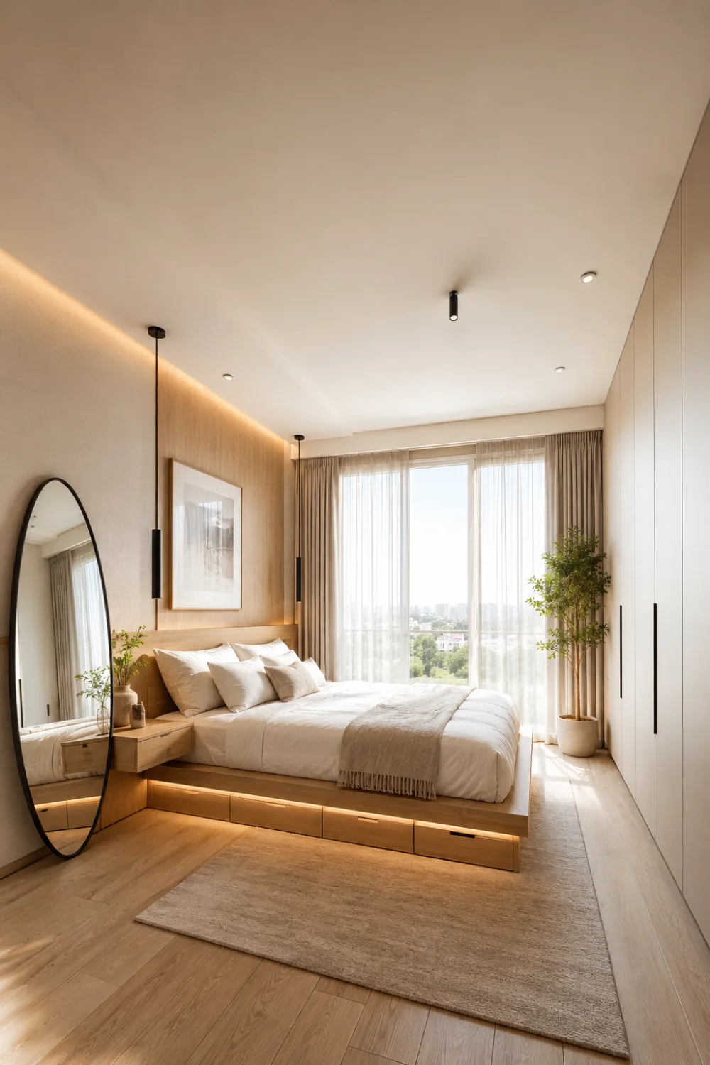 Modern minimalist small bedroom featuring a built in storage platform bed with drawers, floor to ceiling wardrobe wall, oversized leaning mirror, floating nightstands, warm LED lighting, light wood flooring, large window with sheer curtains, neutral color palette, and smart space saving bedroom design for small apartments and compact rooms.