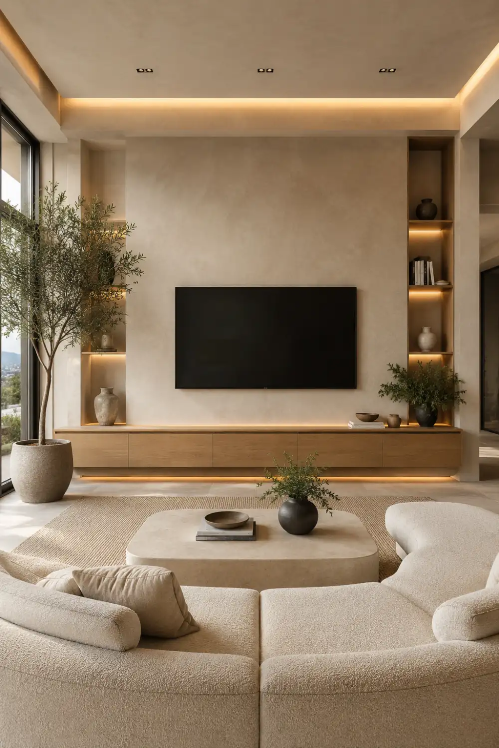 Luxury seamless microcement TV wall design featuring a wall mounted flat screen TV, floating oak wood media console, warm recessed LED lighting, built in display niches, neutral beige color palette, modern minimalist living room furniture, oversized indoor plants, textured area rug, and sophisticated contemporary home decor inspiration.