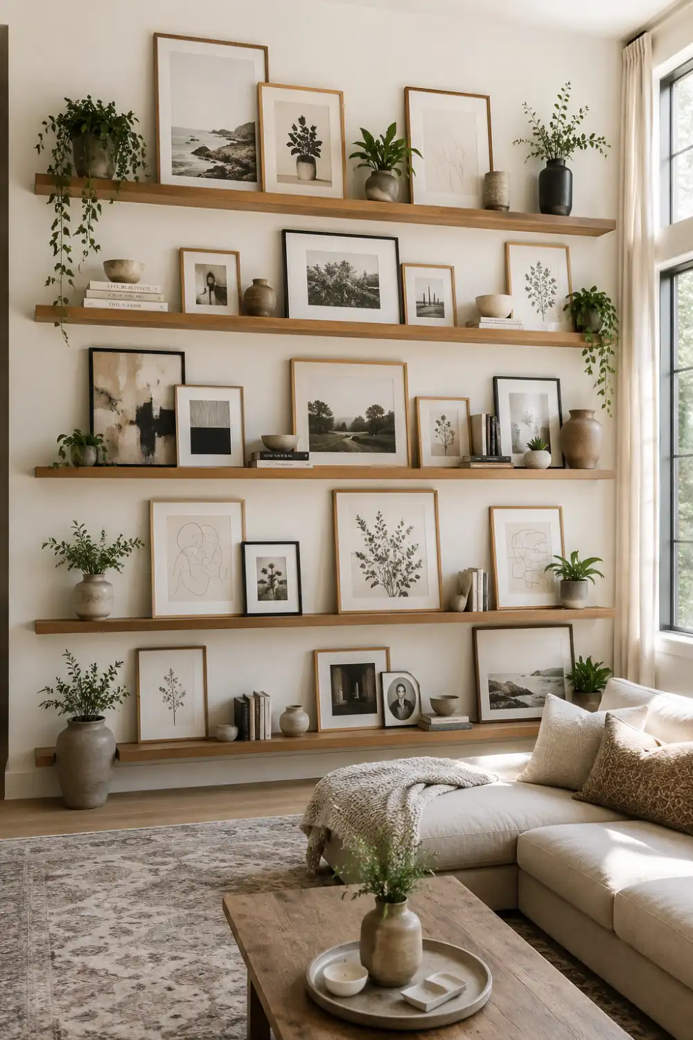 Luxury floating shelf gallery wall featuring layered framed artwork, botanical prints, neutral abstract art, decorative books, ceramic vases, trailing greenery, and modern living room decor. Stylish no nail gallery wall idea with wooden shelves, cozy neutral furniture, and renter friendly home decorating inspiration.