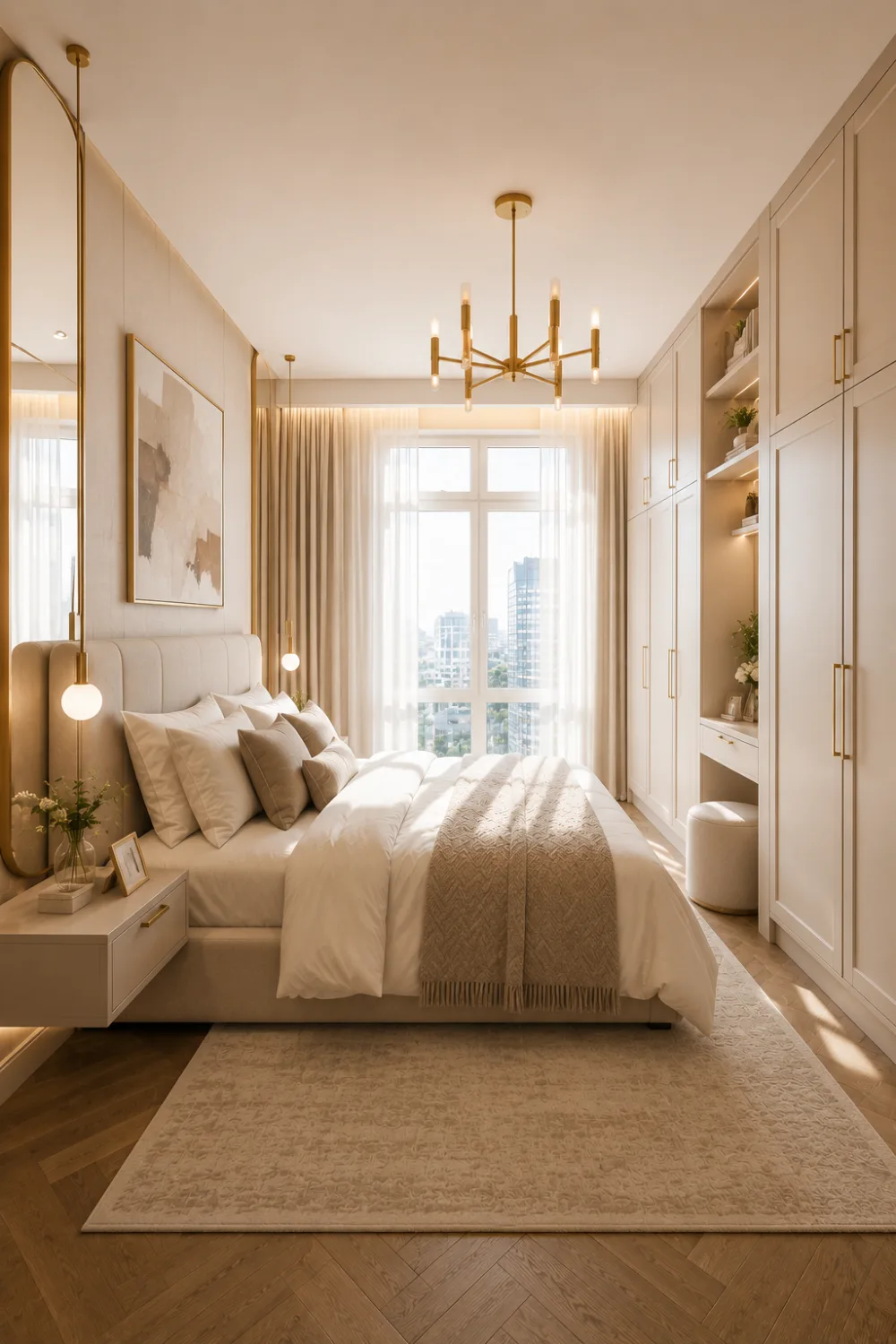 Bright neutral small bedroom with cream color palette, built in storage wall, upholstered bed, large window, floating shelves, warm lighting, compact vanity area, and airy bedroom design for small spaces.
