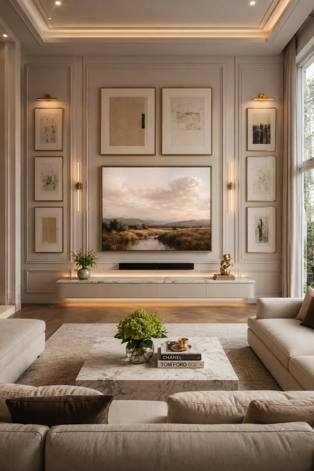Invisible frame TV wall featuring digital artwork display, elegant wall moldings, gallery wall decor, luxury living room furniture, floating media console, modern sconces, and sophisticated contemporary interior design inspiration.