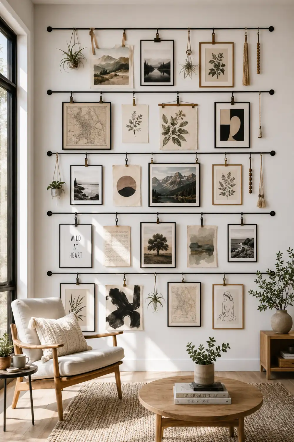 Creative tension rod gallery wall featuring hanging artwork, botanical illustrations, framed prints, maps, photography, and modern Scandinavian decor. Unique renter friendly wall display idea with stylish no nail decorating solutions.