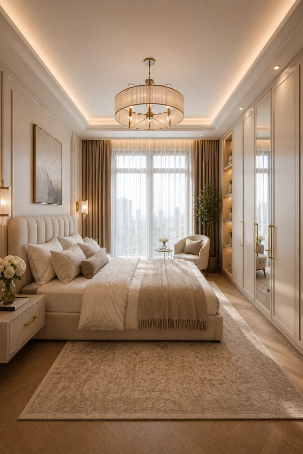 Compact master bedroom with upholstered bed, mirrored wardrobe doors, built in storage, accent chair, warm lighting, neutral decor, luxury finishes, and sophisticated small bedroom design inspiration.
