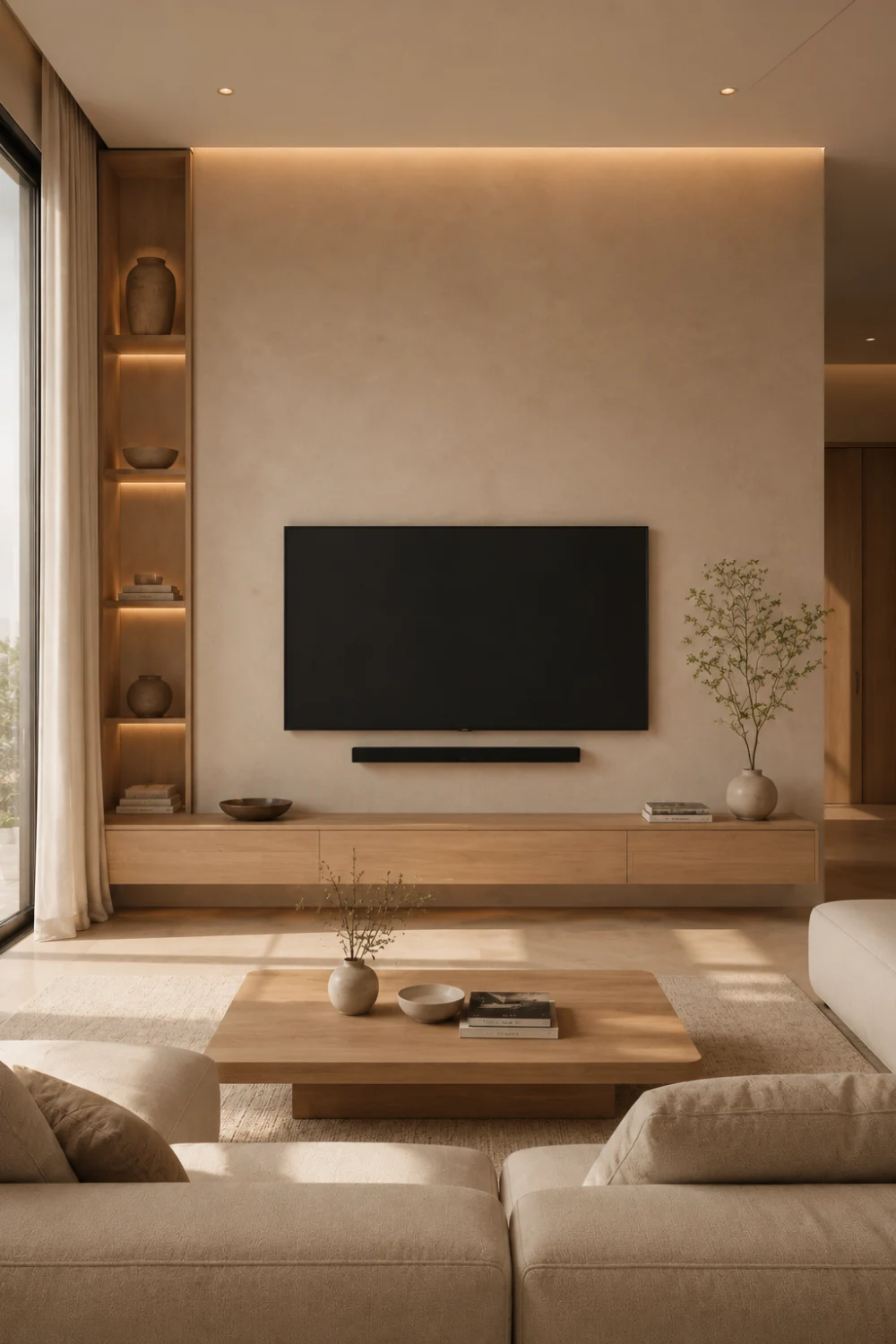 Warm minimalist TV wall with smooth beige plaster finish, floating wood cabinet, recessed LED lighting, neutral living room decor, soft natural textures, contemporary furniture, and luxury minimalist interior design inspiration.