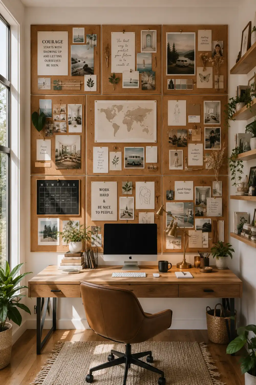 Large cork board gallery wall filled with photos, mood boards, inspirational quotes, artwork, calendars, notes, and stylish home office decor. Functional and creative wall organization idea for productive workspaces.