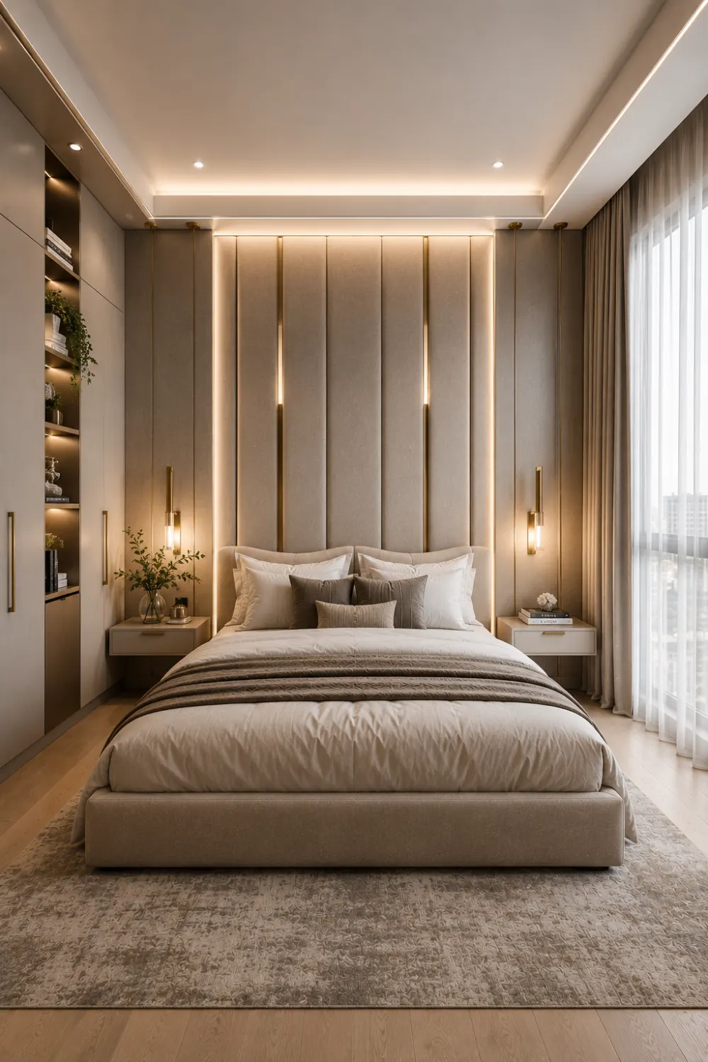 Small bedroom with floor to ceiling statement headboard wall, upholstered panels, integrated LED lighting, floating nightstands, built in storage, neutral decor, and luxury bedroom design for compact spaces.