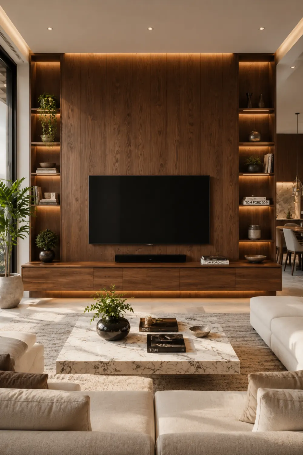 Floating walnut entertainment wall with rich wood paneling, built in shelving, hidden LED lighting, luxury modern living room furniture, marble coffee table, premium home decor, and elegant contemporary TV wall inspiration.