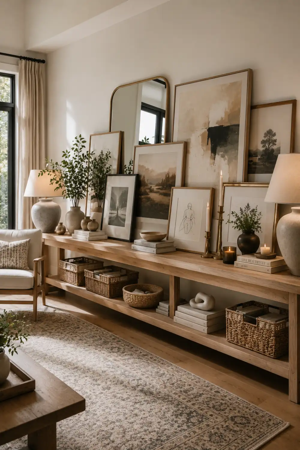 Console table gallery display featuring layered framed artwork, oversized mirrors, decorative books, candles, baskets, greenery, and elegant neutral living room decor. Sophisticated no nail gallery wall alternative with designer styling.