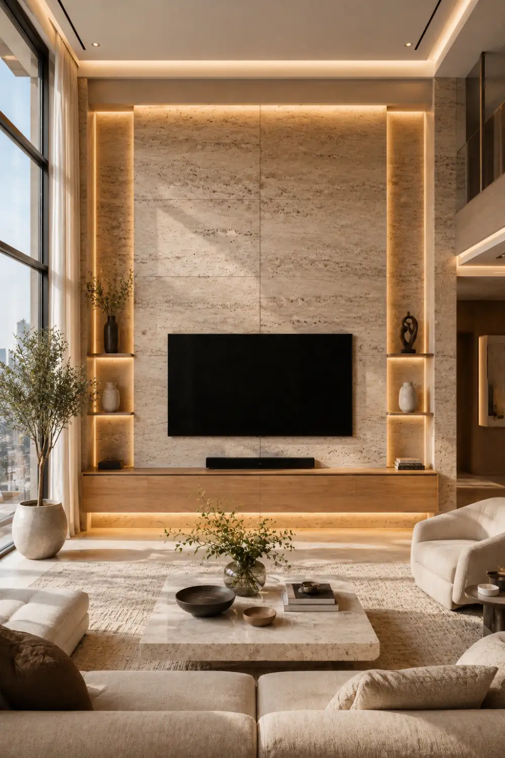Travertine TV feature wall with floor to ceiling natural stone panels, floating wood cabinet, recessed LED lighting, luxury living room furniture, modern architectural details, and sophisticated home decor inspiration.