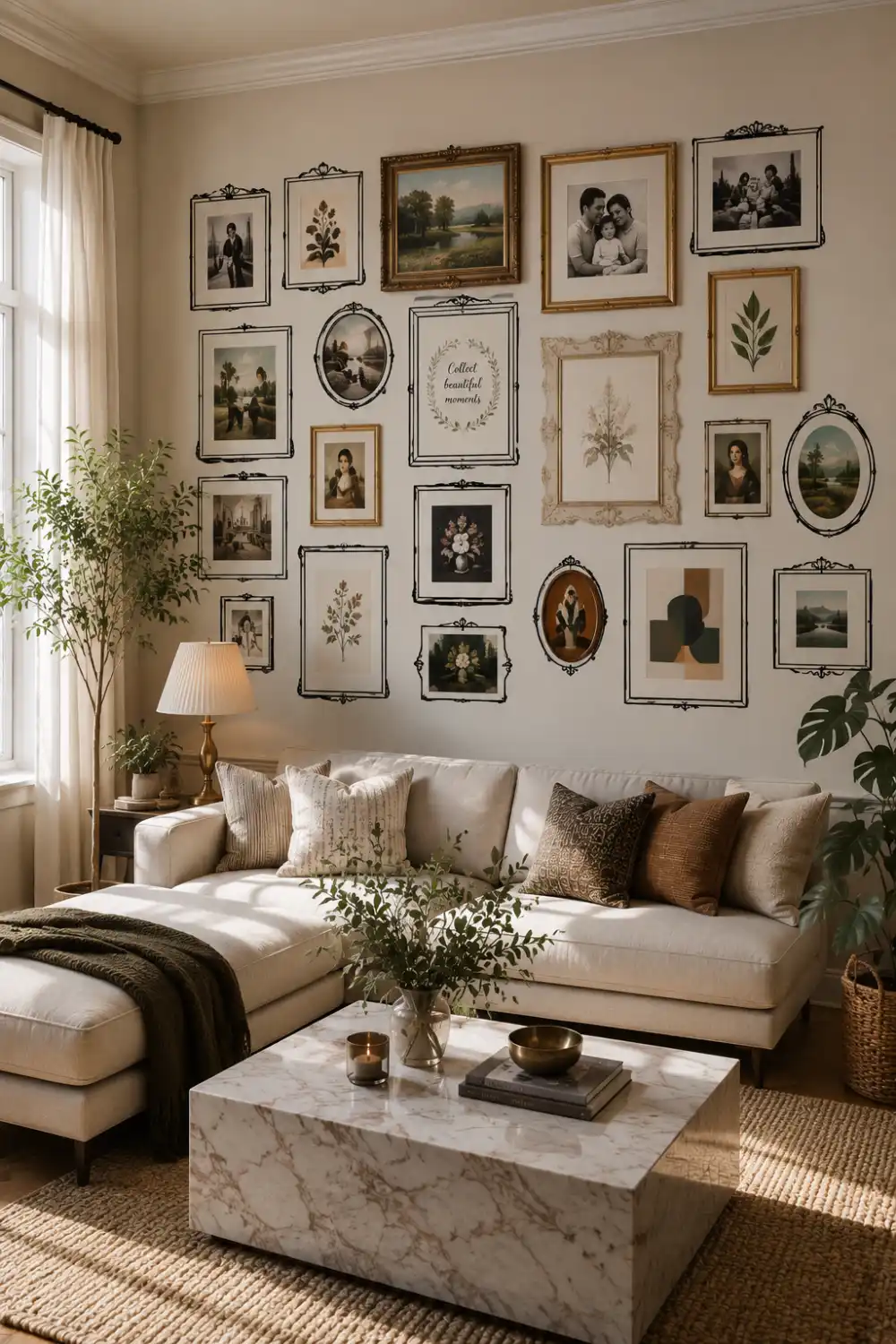 Removable wall decal frame gallery wall featuring family photos, botanical artwork, vintage prints, decorative frame decals, and elegant living room decor. Creative renter friendly wall decorating solution without nails or permanent hardware.