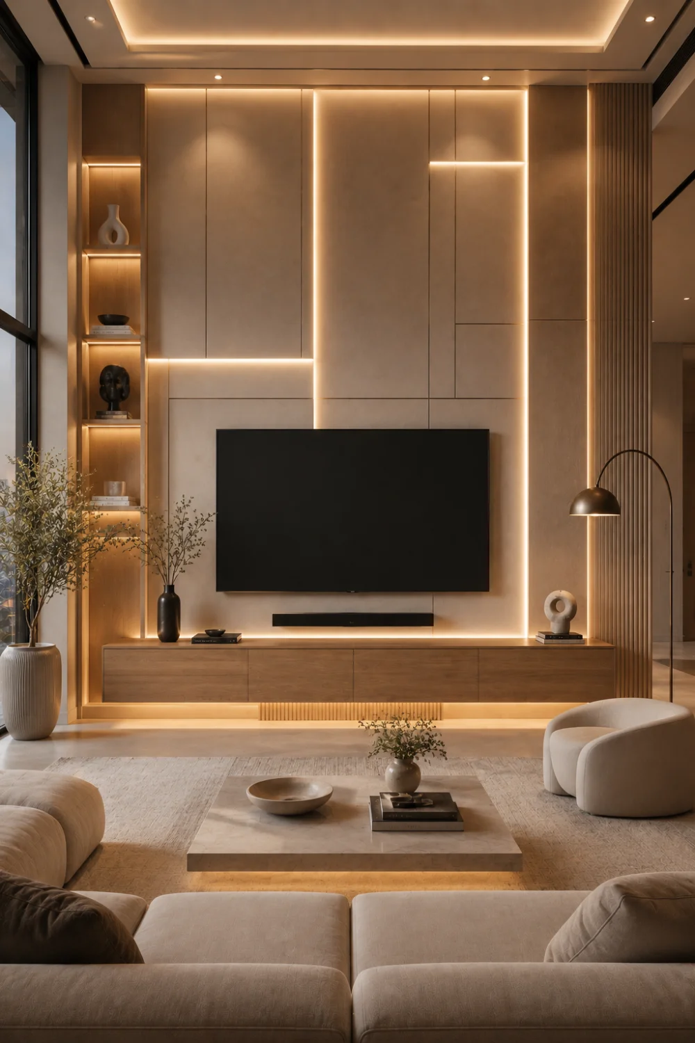 Integrated LED strip TV wall featuring geometric wall panels, architectural lighting design, floating media console, luxury beige living room decor, modern furniture, contemporary home styling, and designer TV wall inspiration.
