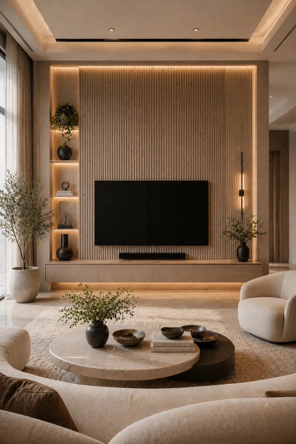 Ribbed panel TV wall design featuring textured vertical wall panels, floating media cabinet, warm ambient lighting, luxury neutral living room furniture, contemporary architectural details, and modern home decor inspiration.