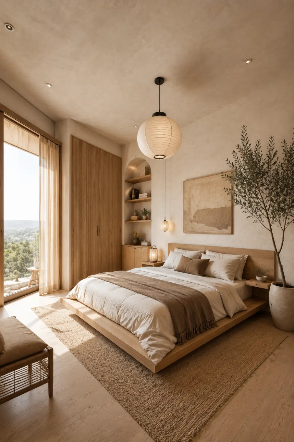 Japandi inspired small bedroom with low wooden platform bed, natural wood wardrobe, textured walls, soft neutral bedding, warm pendant lighting, built in shelving, large window, calming earth tones, and elegant space saving bedroom decor for modern homes.