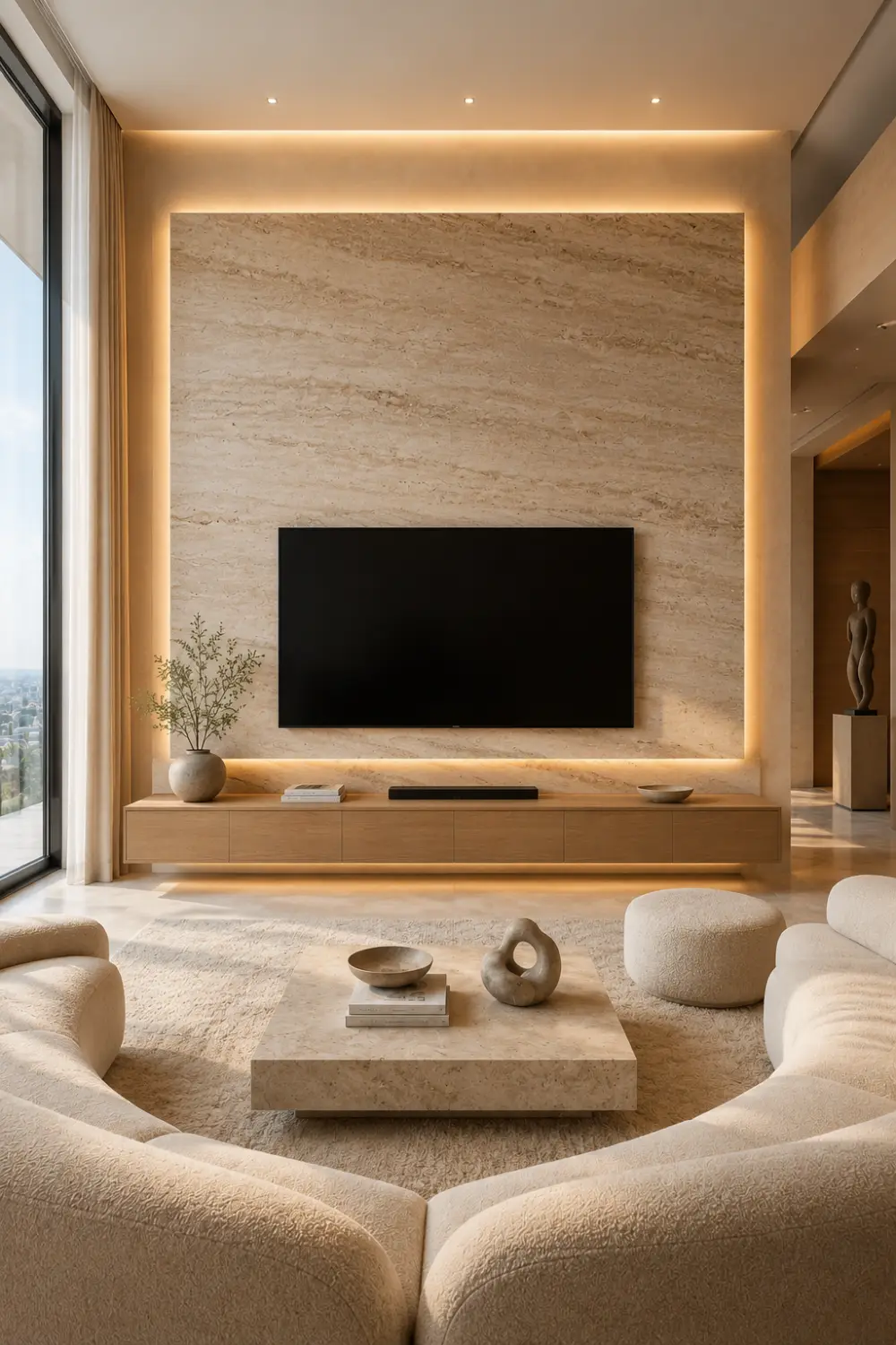 Luxury floating stone slab TV wall featuring floor to ceiling natural stone panels, hidden LED backlighting, floating wood media cabinet, ultra modern living room furniture, neutral beige decor, elegant architectural details, premium penthouse interior design, and contemporary TV wall inspiration.