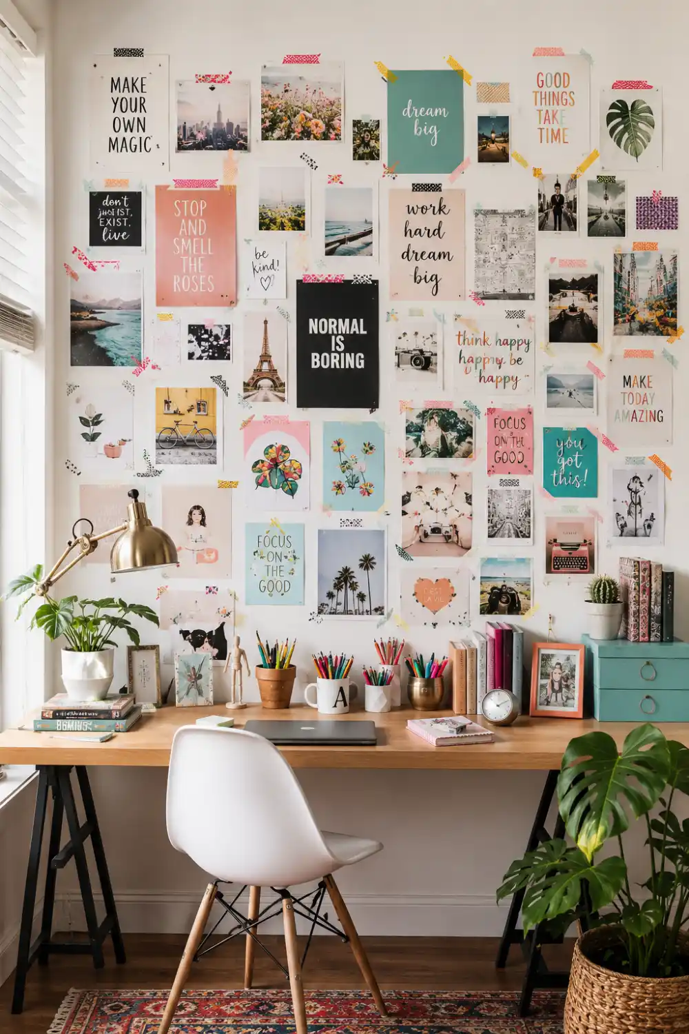 Creative washi tape gallery wall filled with inspirational quotes, travel photography, colorful art prints, postcards, illustrations, and aesthetic wall decor above a stylish home office desk. Fun renter friendly gallery wall idea perfect for bedrooms, dorm rooms, and creative workspaces.