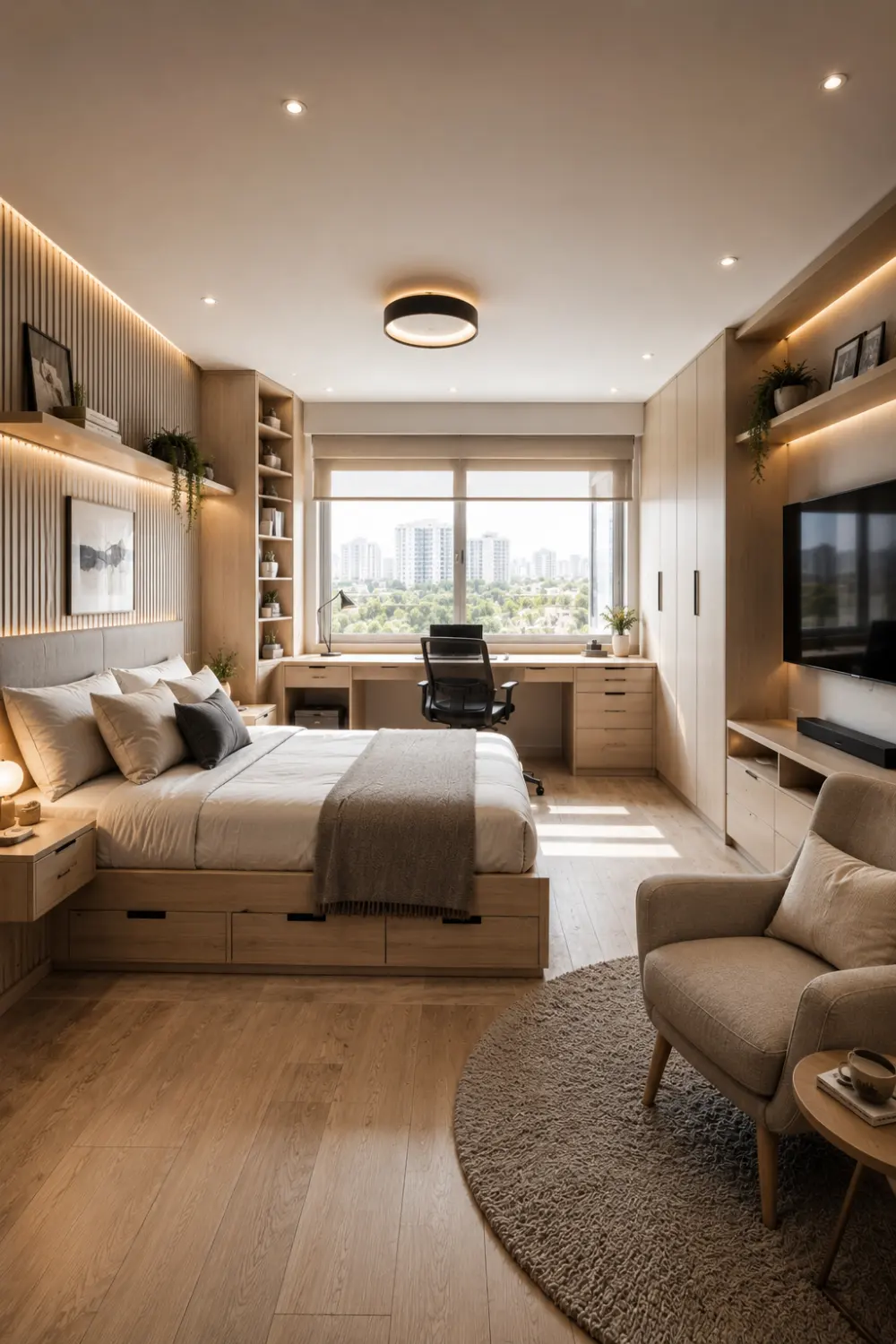 Multifunctional small bedroom with built in desk under window, storage bed with drawers, floor to ceiling wardrobes, floating shelves, workspace setup, warm wood finishes, modern lighting, and smart bedroom layout for small apartments.