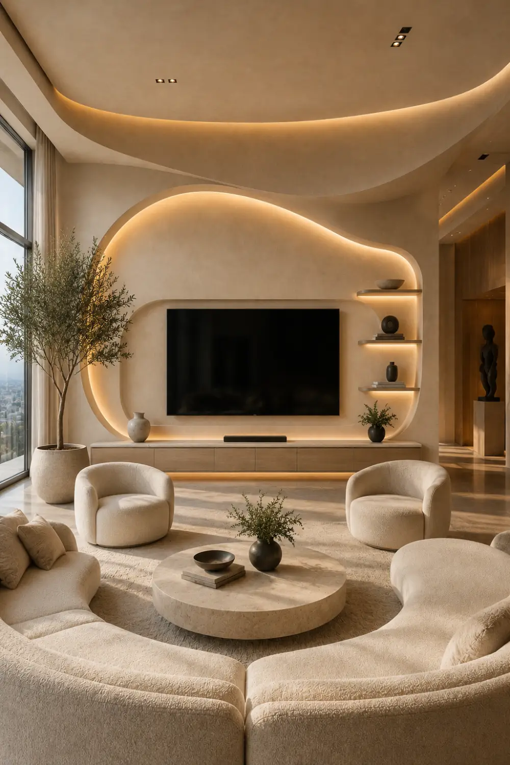 Modern curved architectural TV wall with sculptural plaster design, integrated LED lighting, floating media console, custom built shelving, luxury beige living room decor, contemporary curved wall features, designer furniture, and high end interior design inspiration.