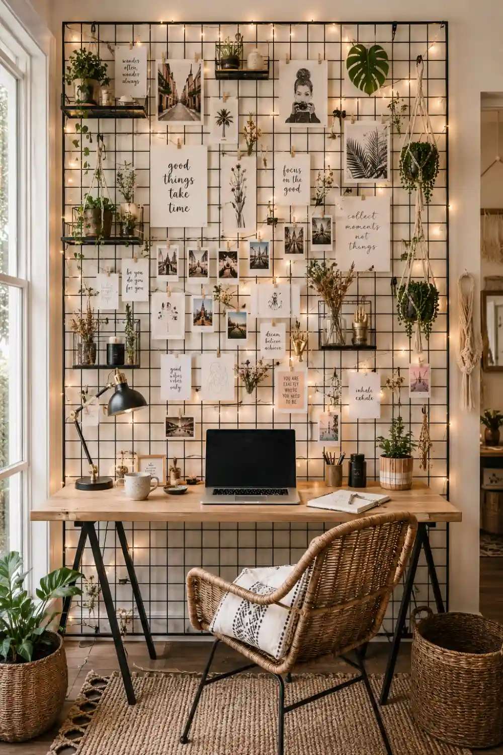 Decorative grid panel gallery wall with clipped artwork, photographs, motivational quotes, hanging plants, fairy lights, and boho office decor. Modern renter friendly wall display idea featuring creative home office inspiration and stylish no nail decorating solutions.