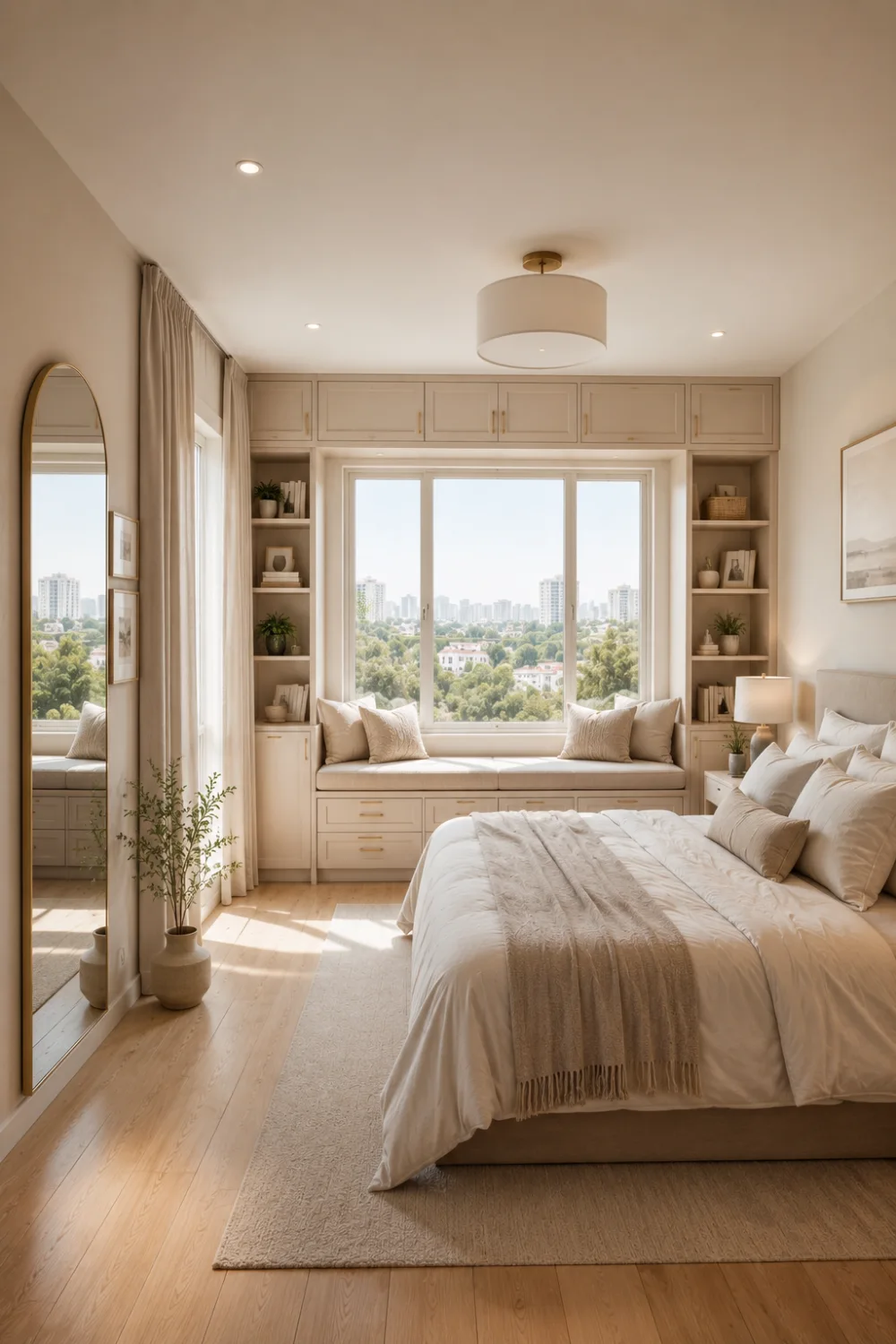 Small bedroom with built in window seat, custom storage drawers, floor to ceiling shelving, soft neutral decor, cozy reading nook, large mirror, natural sunlight, and beautiful space saving bedroom design for compact homes.