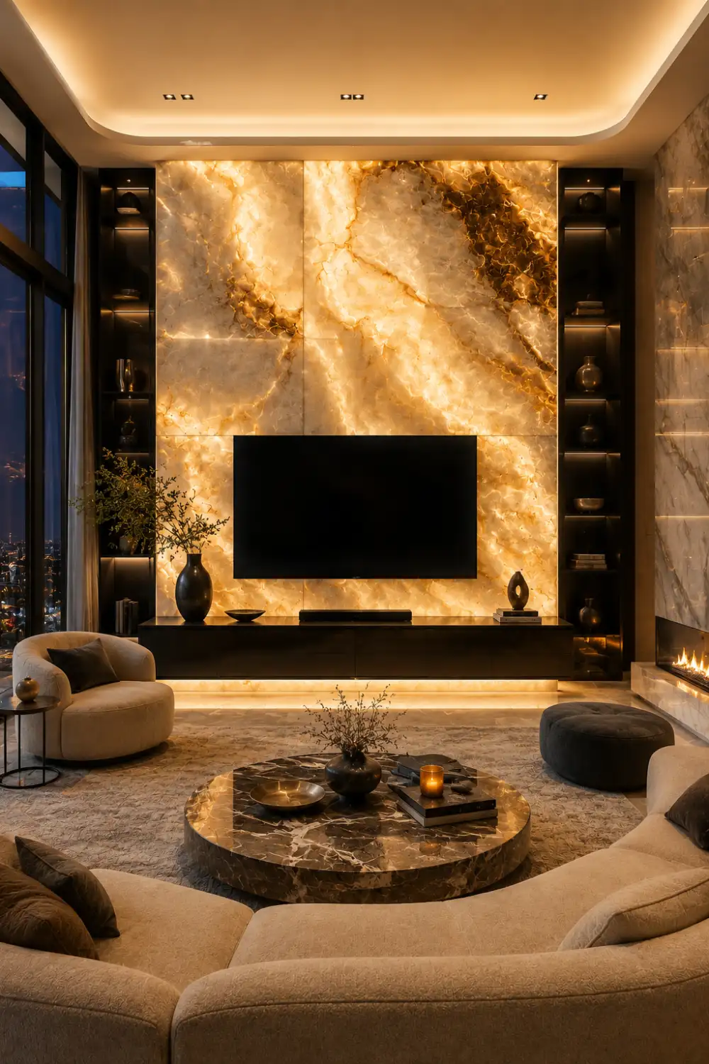 Luxury backlit onyx TV wall with glowing natural stone panels, dramatic ambient lighting, floating black media console, modern fireplace, elegant living room furniture, premium penthouse decor, contemporary luxury interior design, and statement TV wall inspiration.