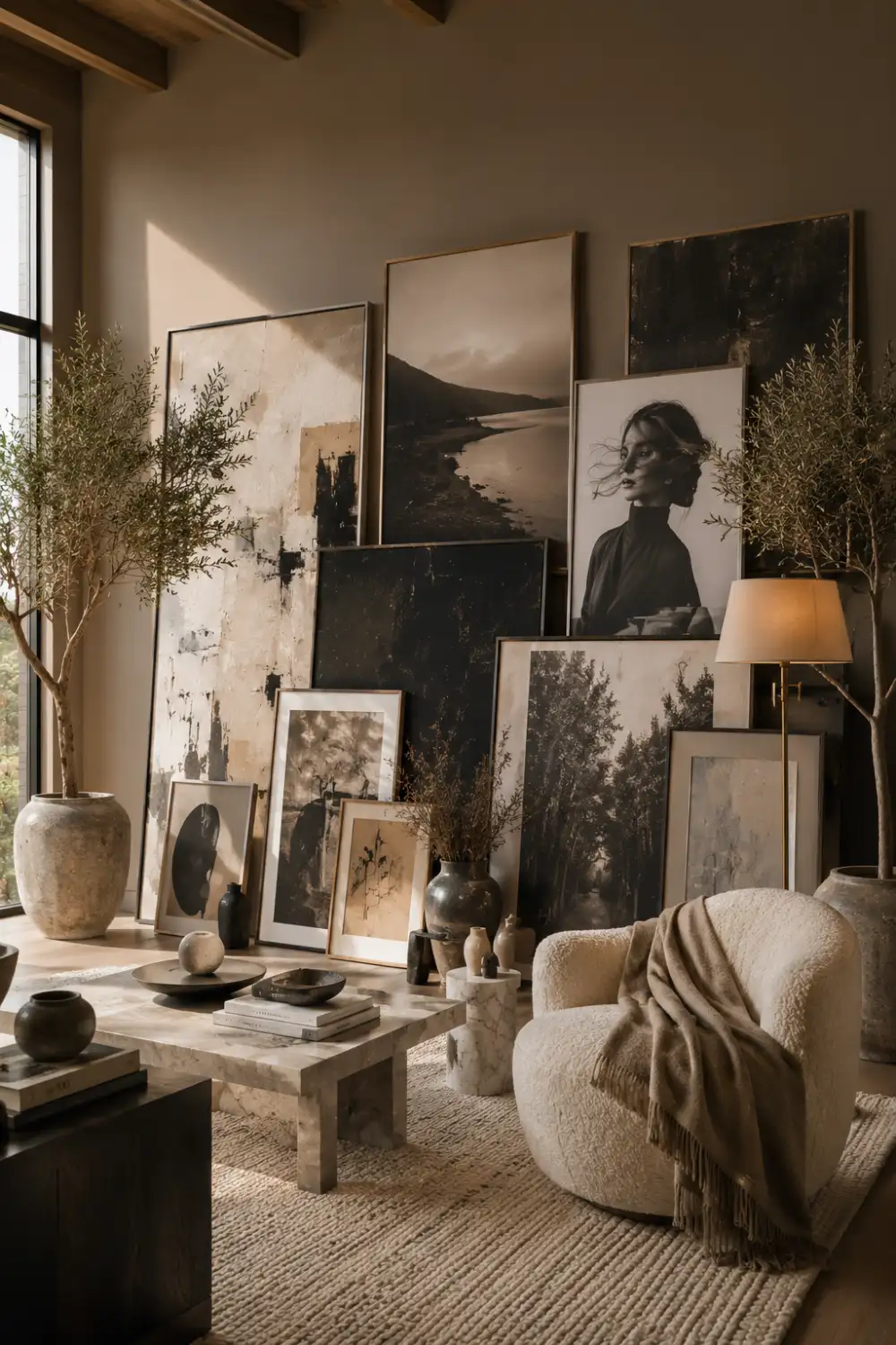 Oversized leaning artwork gallery wall featuring large abstract paintings, landscape photography, framed portraits, olive trees, luxury furniture, and sophisticated living room decor. Elegant no nail wall decorating idea with designer inspired styling.