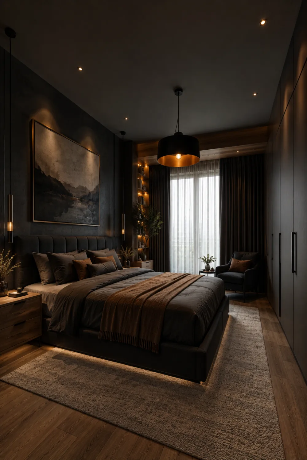 Dark and moody small bedroom with charcoal walls, upholstered bed, warm ambient lighting, floor to ceiling wardrobes, rich wood flooring, luxury decor, layered textures, and sophisticated small bedroom design inspiration.