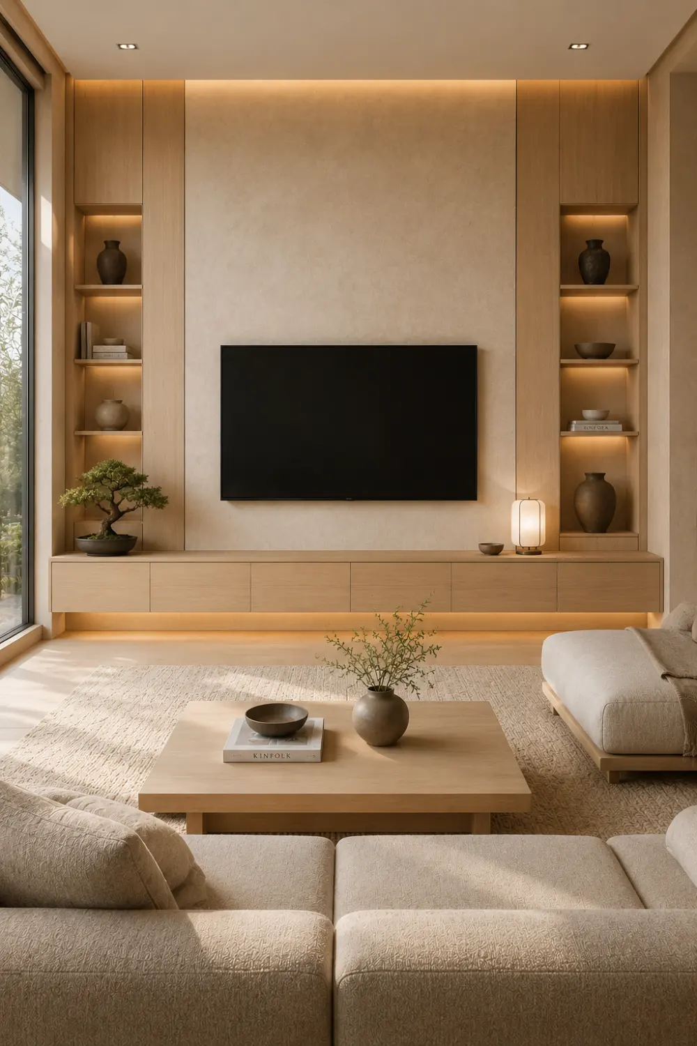 Japandi style TV wall with light oak cabinetry, built in shelving, warm LED lighting, neutral living room decor, minimalist furniture, natural wood textures, Japanese Scandinavian interior design, and calming modern home inspiration.