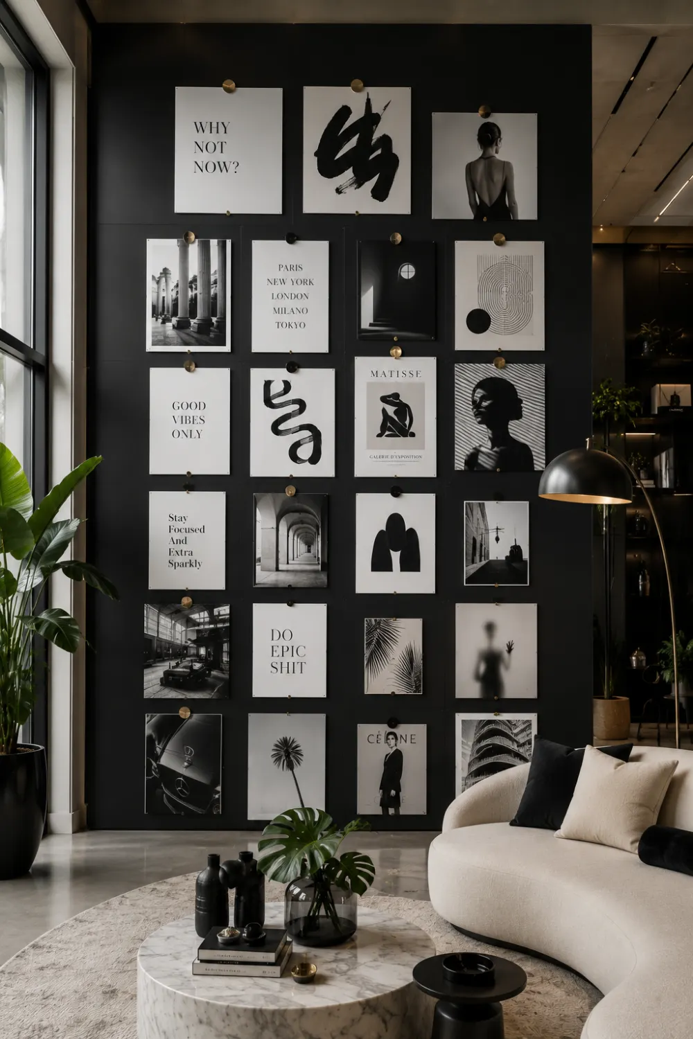 Modern magnetic wall panel gallery wall featuring monochrome artwork, typography prints, black and white photography, luxury living room furniture, and sleek contemporary interior design. Stylish damage free wall decor inspiration.