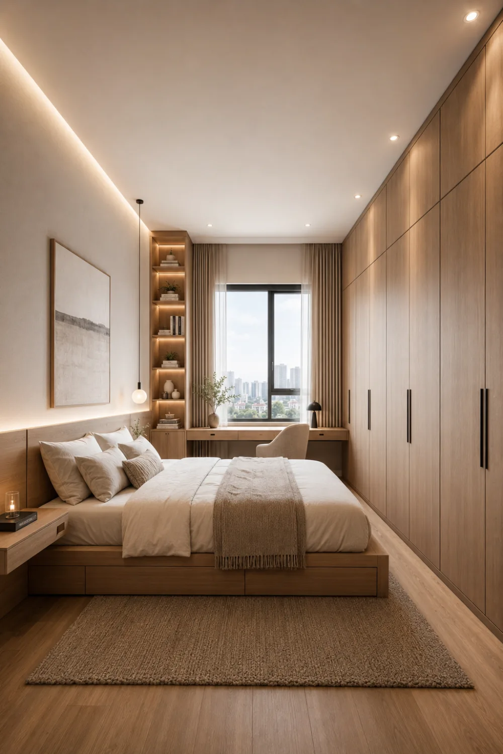 Small bedroom with full wall wardrobe, custom floor to ceiling cabinetry, built in desk, neutral bedding, warm wood accents, hidden storage solutions, and modern space saving bedroom layout for apartment living.