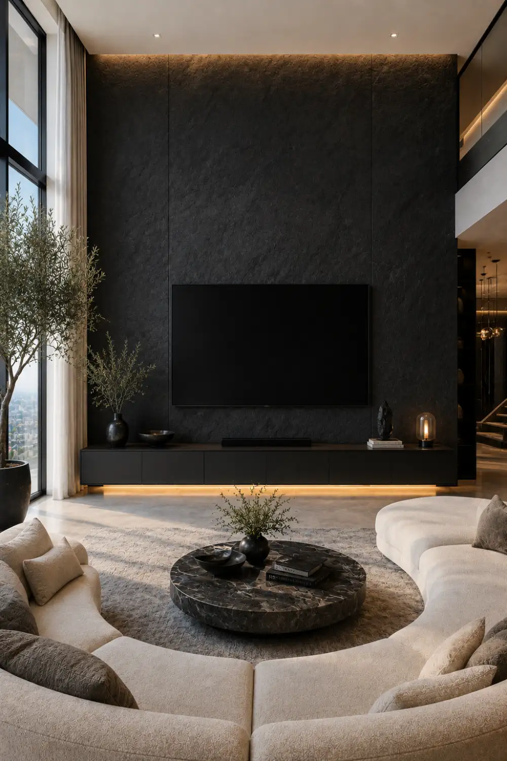 Modern black textured TV wall featuring floor to ceiling dark wall panels, floating black media cabinet, warm LED lighting, luxury neutral furniture, contemporary living room decor, sophisticated architectural design, and elegant modern home inspiration.