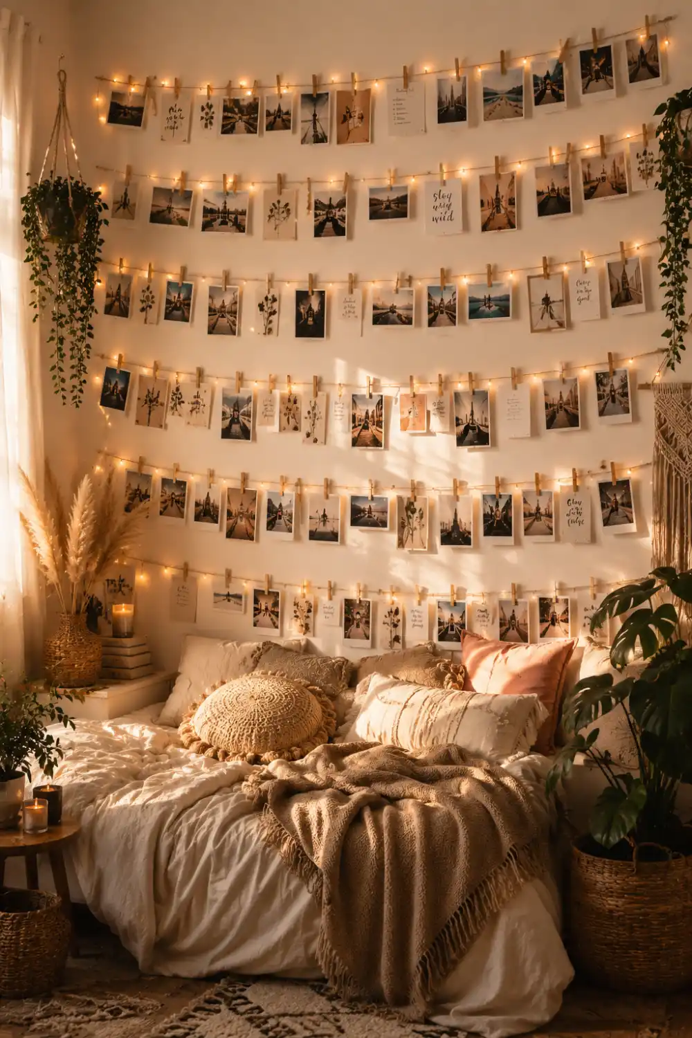 Cozy hanging photo line gallery wall with string lights, polaroid photos, postcards, inspirational quotes, boho bedroom decor, and warm ambient lighting. Beautiful renter friendly wall decorating idea filled with personal memories and creative styling.