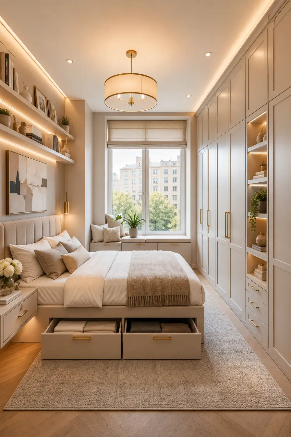 Elegant small bedroom with storage bed drawers, floor to ceiling cabinets, floating shelves, window nook seating, soft cream decor, gold accents, built in storage solutions, and luxury small bedroom organization ideas.