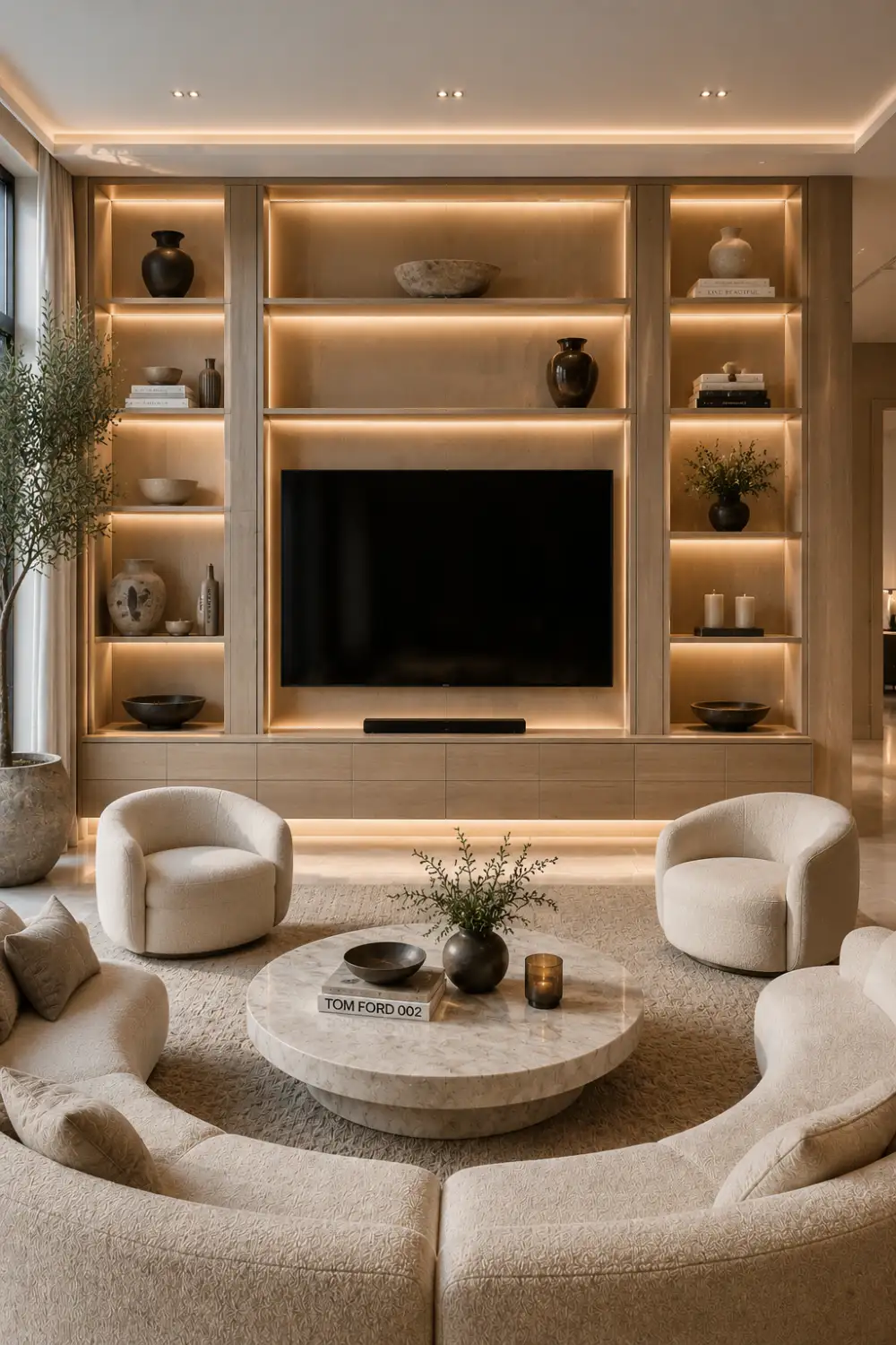 Built in TV wall with illuminated niches, custom shelving, decorative vases, warm LED lighting, floating media cabinet, luxury beige living room decor, designer storage solutions, and elegant contemporary TV wall inspiration.