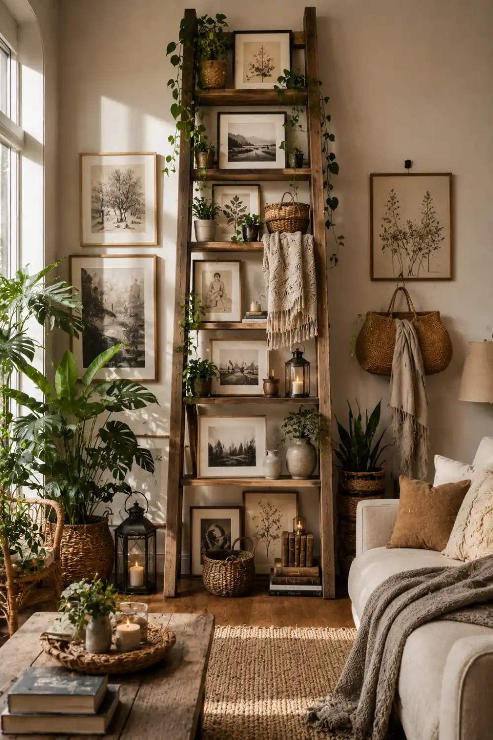 Rustic wooden ladder gallery display styled with framed artwork, woven baskets, indoor plants, books, lanterns, and cozy farmhouse living room decor. Creative no nail gallery wall idea with warm natural textures and boho styling.