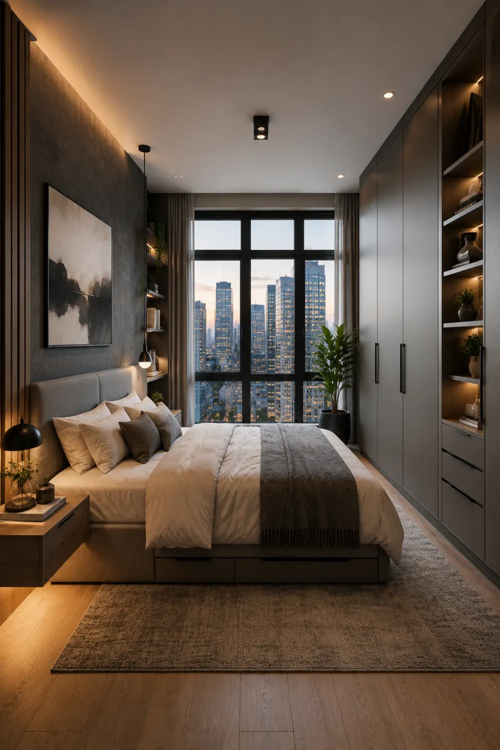 Contemporary urban apartment bedroom with skyline view, floor to ceiling windows, built in wardrobes, storage bed, floating nightstands, modern decor, warm lighting, and stylish small bedroom design for city living.