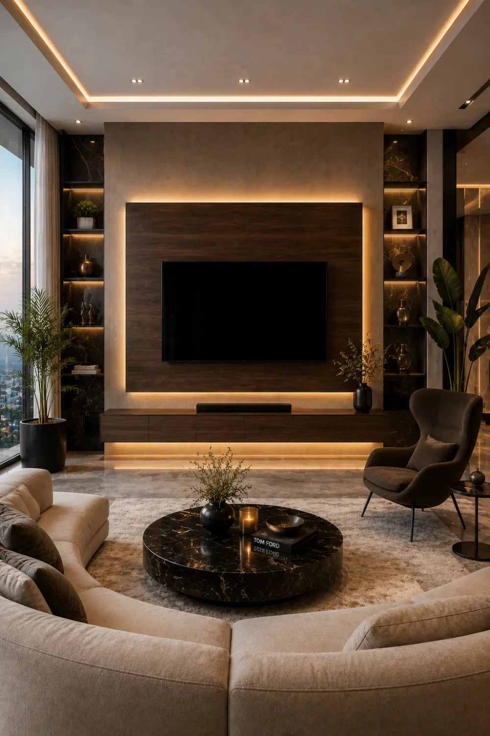 Hotel inspired floating TV wall with dark wood paneling, hidden LED backlighting, floating media console, luxury marble coffee table, sophisticated living room decor, upscale penthouse interior design, and modern TV wall inspiration.