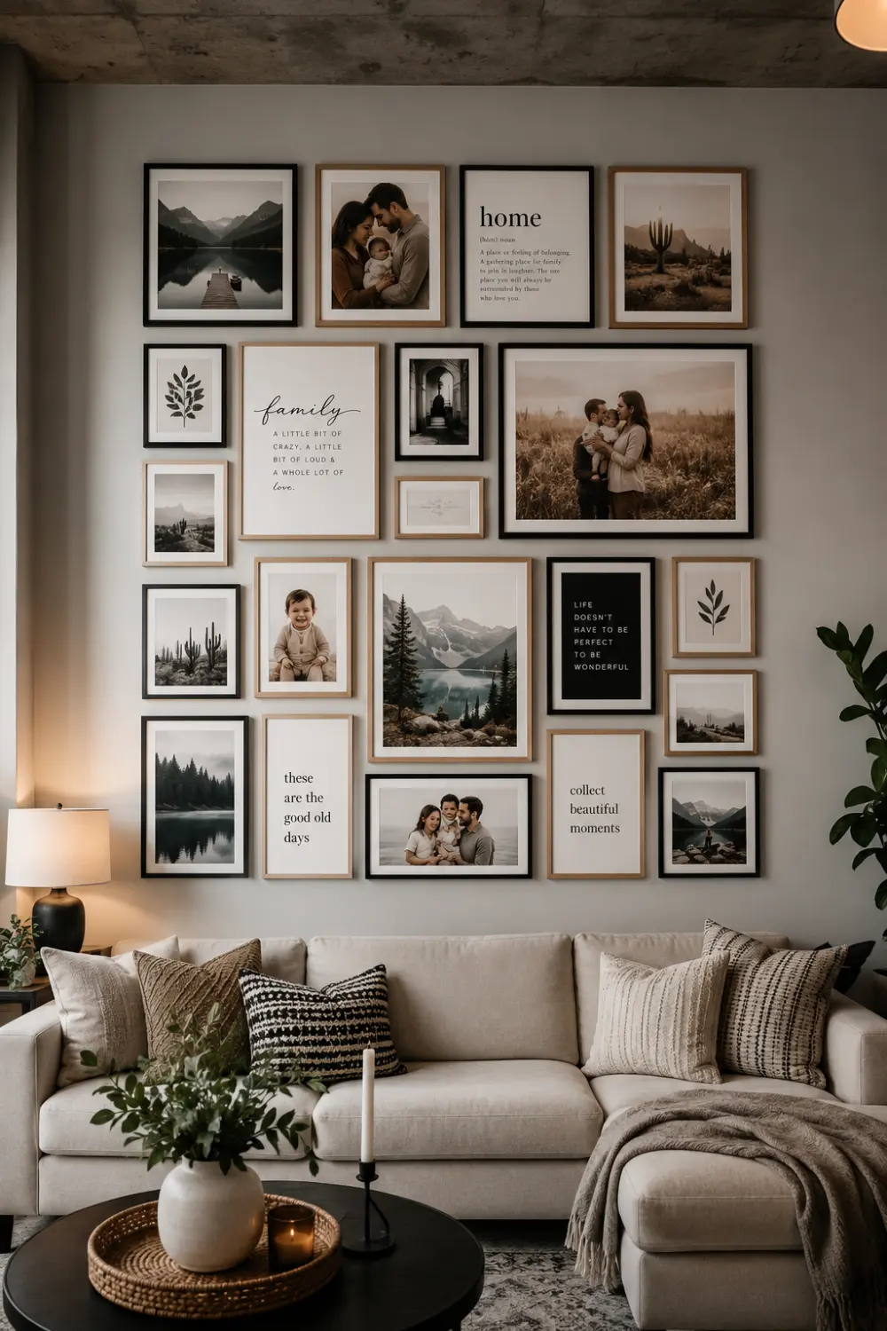 Peel and stick gallery wall featuring family photos, landscape prints, inspirational quotes, neutral artwork, and modern living room decor above a cozy sofa. Classic gallery wall design created without nails or wall damage.