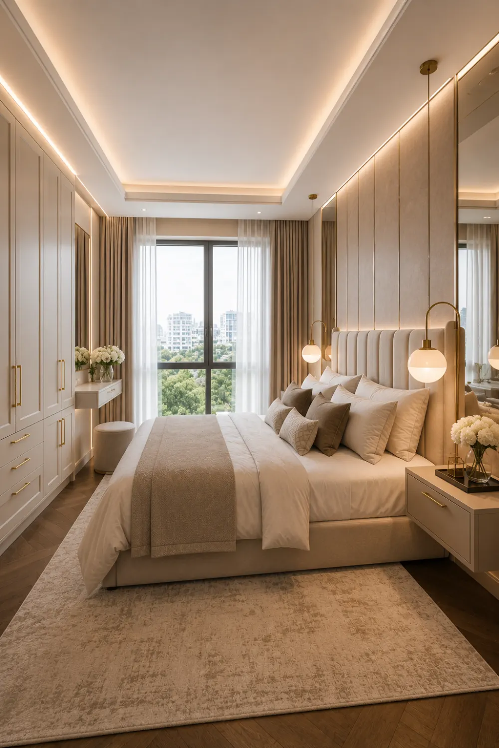 Luxury hotel style small bedroom with tall upholstered headboard, elegant lighting, floor to ceiling wardrobes, neutral decor, layered bedding, built in storage, and sophisticated bedroom design for compact spaces.