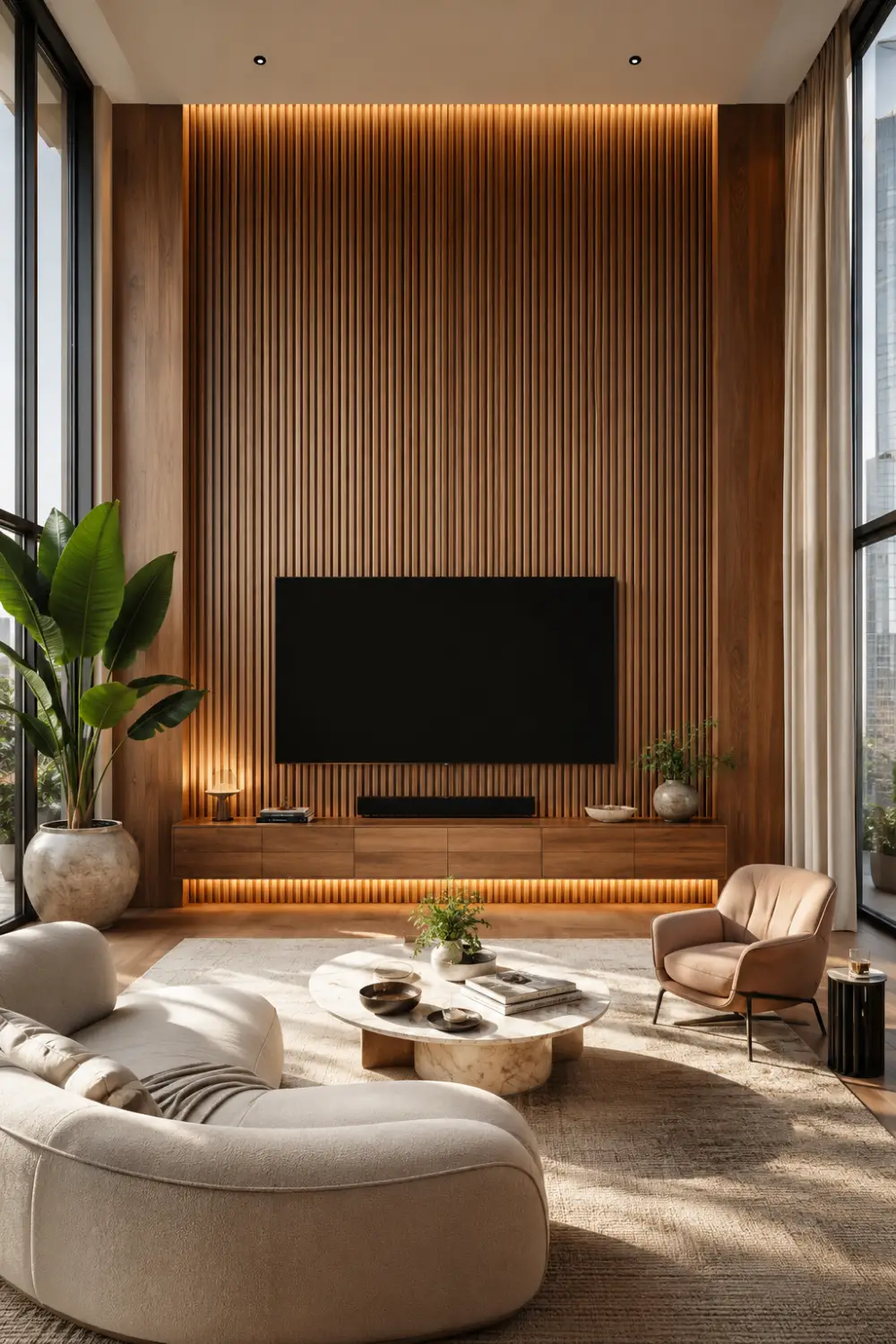 Floor to ceiling fluted wood TV wall with vertical oak slats, floating walnut media console, warm LED lighting, luxury modern furniture, contemporary living room decor, natural wood textures, and designer home inspiration.