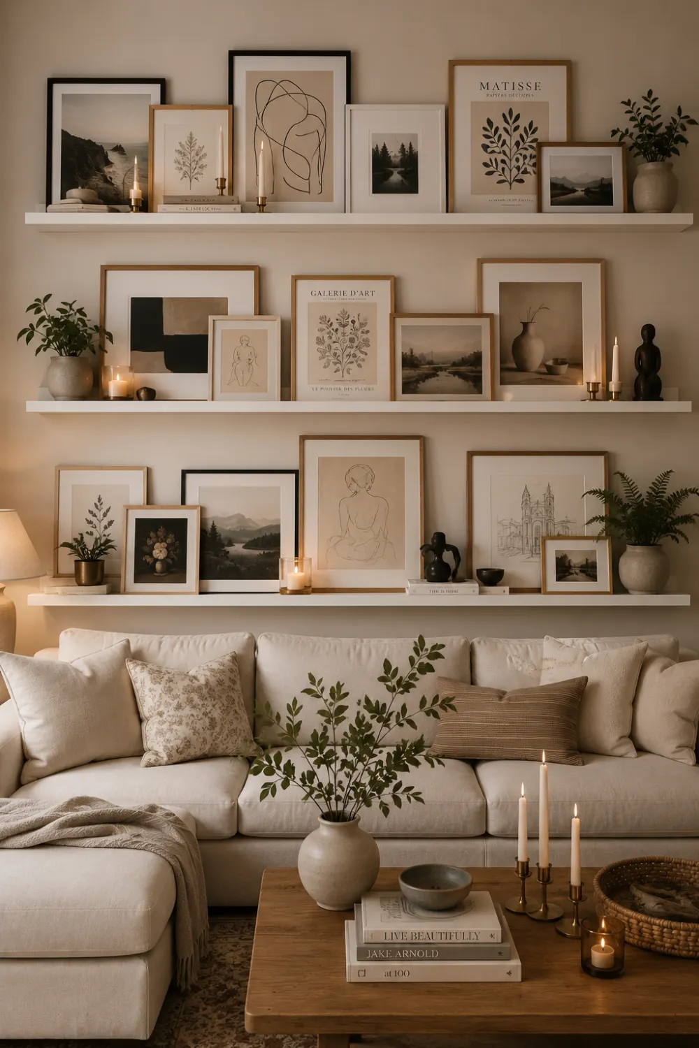 Elegant picture ledge gallery wall with layered artwork, botanical prints, landscape photography, candles, decorative objects, and modern neutral living room decor. Stylish floating shelf wall display with designer inspired home styling.