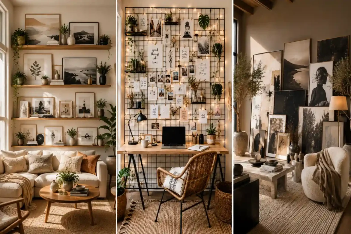 Featured image showcasing three no nail gallery wall ideas including floating shelf gallery wall styling, decorative grid panel wall display with fairy lights, and oversized leaning artwork arrangement. Modern renter friendly wall decor inspiration featuring framed art, greenery, neutral home decor, cozy living room styling, and designer inspired gallery wall solutions.