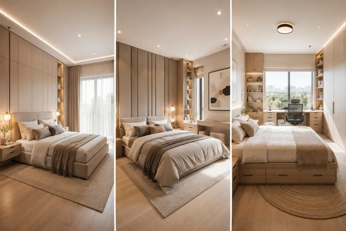 Three modern small space bedroom ideas designs displayed in a side by side collage featuring built in storage beds, floor to ceiling wardrobes, upholstered headboards, integrated LED lighting, neutral color palettes, multifunctional layouts, home office workspace, and luxury space saving bedroom ideas for small apartments and compact homes.