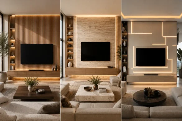 Collage of three luxury modern TV wall ideas designs featuring a floor to ceiling fluted wood panel TV wall, elegant travertine stone TV wall, and integrated LED strip TV wall with floating media consoles, warm ambient lighting, neutral living room decor, contemporary furniture, architectural wall details, and high end modern living room inspiration.
