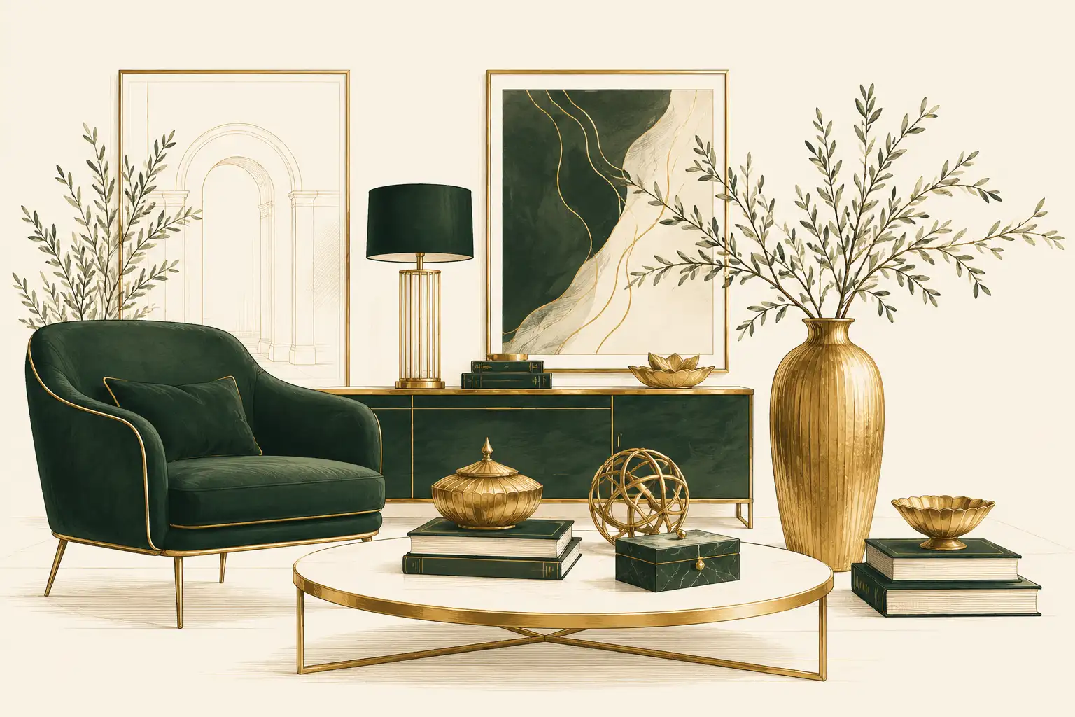 Luxury home decor accessories and curated interior design finds arranged in an elegant editorial illustration