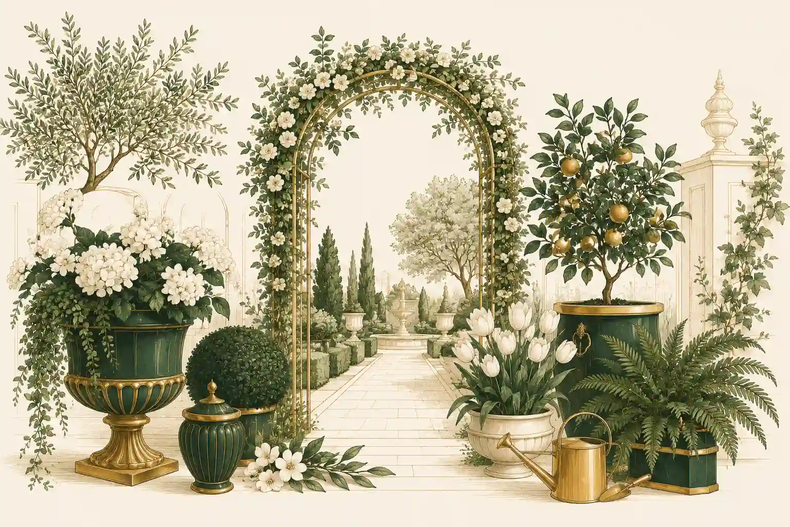 Luxury garden design illustration with botanical elements planters flowers and outdoor living inspiration