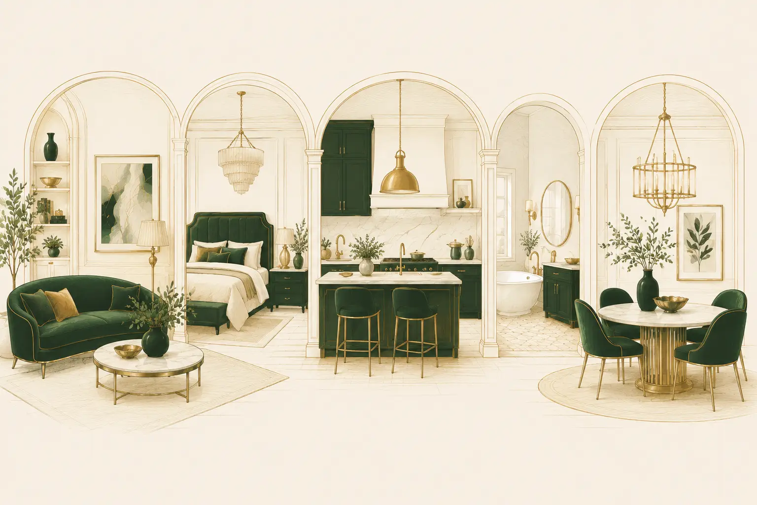 Luxury interior design illustration showcasing living room bedroom kitchen bathroom and dining room inspiration