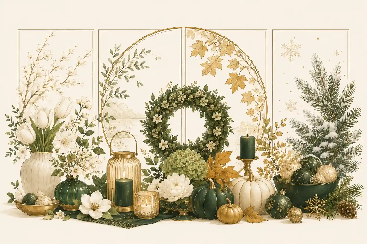 Elegant seasonal home decor illustration featuring decorative accents for spring summer fall and winter styling