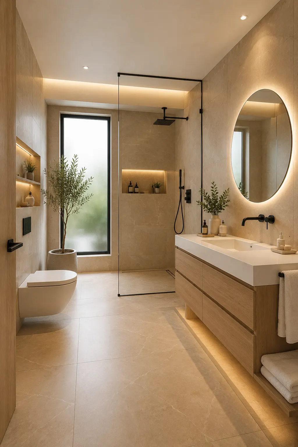 Modern warm beige earth tone bathroom featuring a floating natural oak vanity, oversized LED backlit mirror, frameless glass walk in shower, matte black fixtures, large beige stone look porcelain tiles, hidden LED lighting, indoor olive tree, and luxury contemporary home bathroom design.