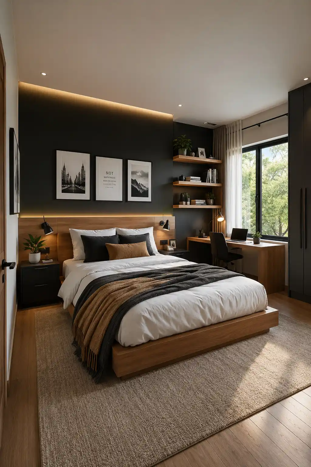 Modern black teen bedroom featuring a matte black accent wall, warm walnut platform bed, crisp white layered bedding, floating wood shelves, built in study desk beside a large window, cozy LED accent lighting, modern wall art, textured area rug, and stylish contemporary furniture for a luxurious teen bedroom design.