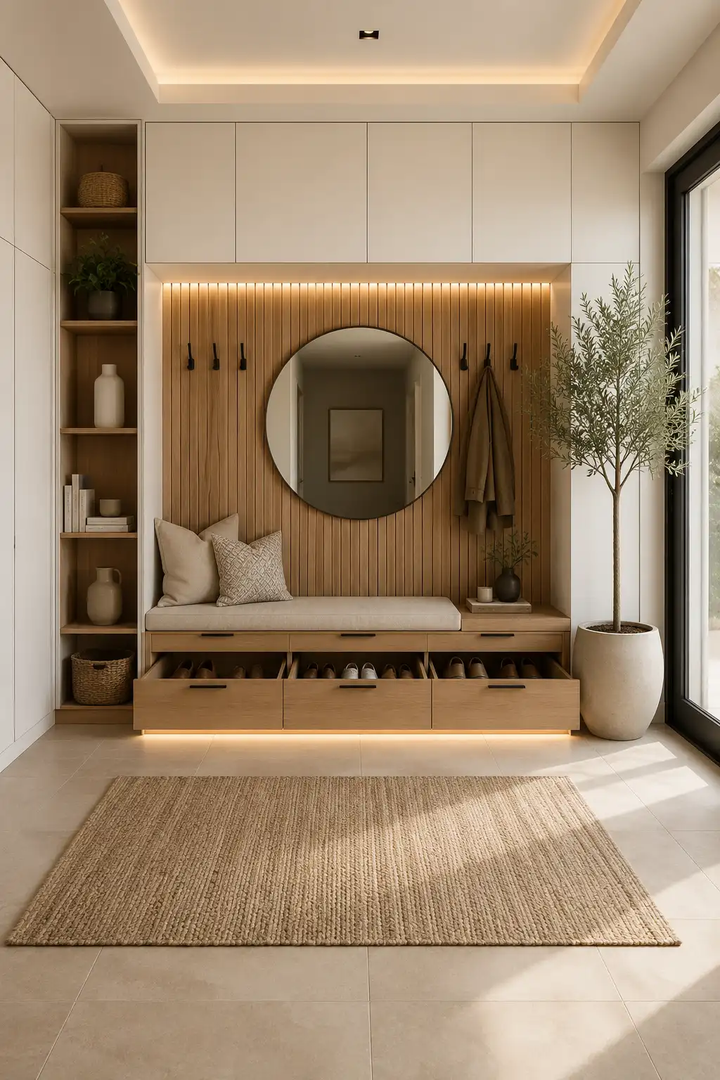 Modern built in entryway storage featuring floor to ceiling white cabinets, hidden shoe drawers, warm oak bench, vertical wood slat accent wall, matte black coat hooks, oversized round mirror, recessed LED lighting, porcelain tile flooring, neutral runner rug, and luxury contemporary home organization for shoes and coats.